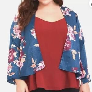 Torrid Brand Teal Blue Floral Satin Open Front Boho Kimono, 00/0 (M/L)